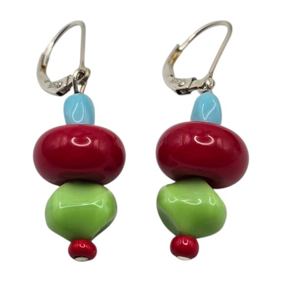 Artisan Vibrant Colors Earrings Marked 925 Leverback Red Green Blue Christmas - Picture 11 of 11